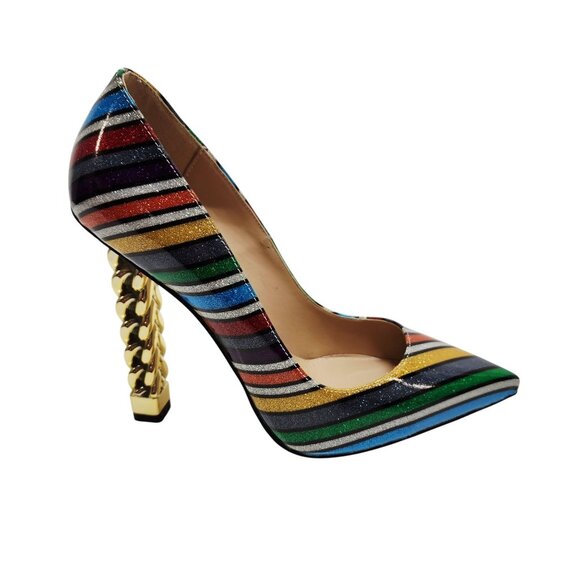 FSJ Womens Pointed Toe Chain Heel Striped Multicolor Pumps Size 8 - Picture 9 of 11